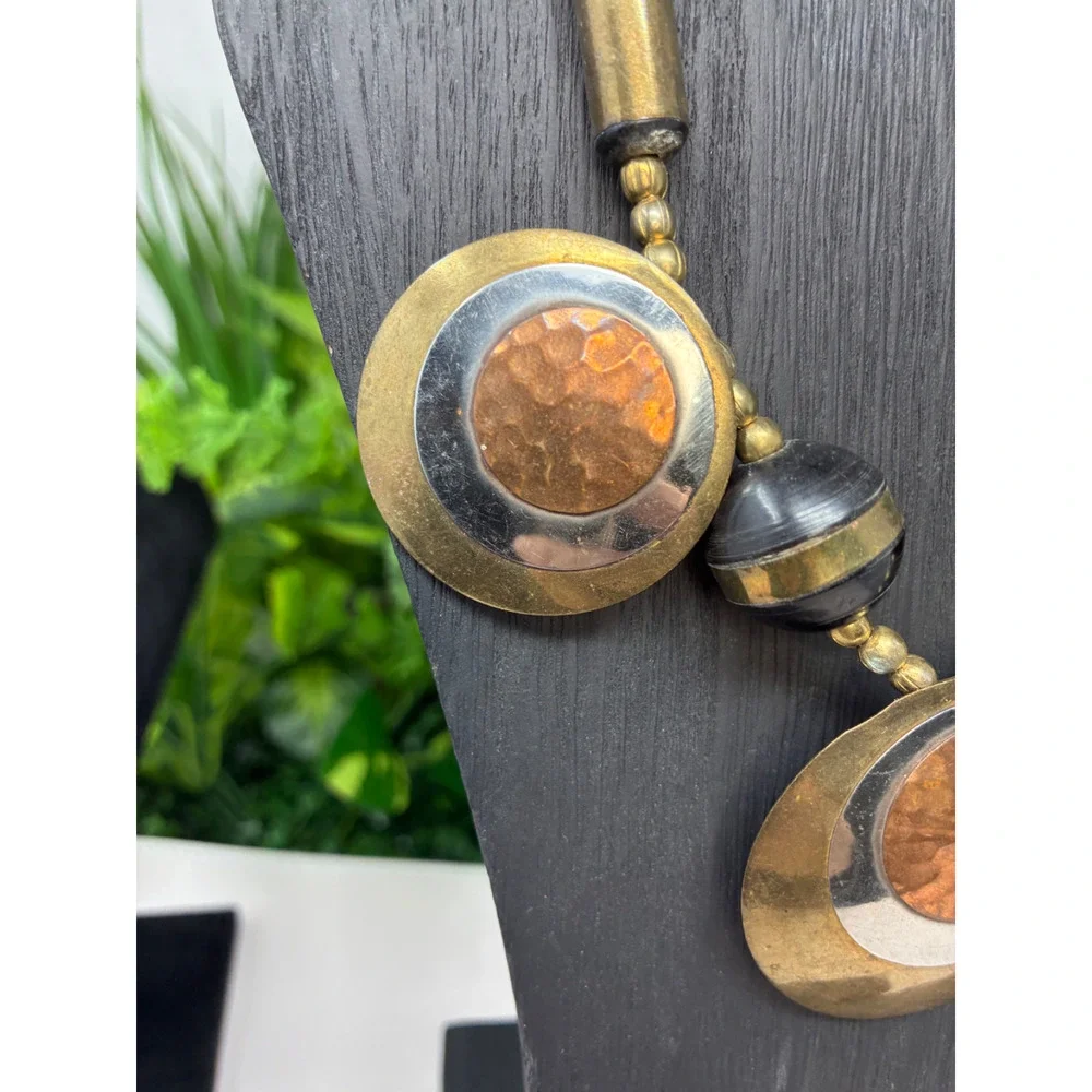 Vintage Brutalist Statement Necklace Brass Copper Modernist